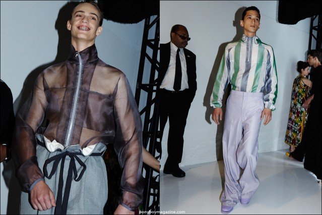 Models Charlie James and Hideki Asahina exit the runway at Duckie Brown S/S16 menswear collection. Photographed by Alexander Thompson for Ponyboy magazine.