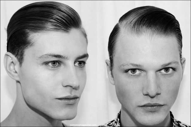 Male models wear sleek hairstyles, backstage at Rochambeau Spring/Summer 2016 menswear collection. Photography by Alexander Thompson for Ponyboy magazine.