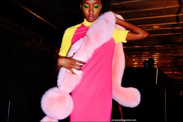 A pink color blocked spandex evening gown with matching pink stole, photographed backstage at Georgine Spring/Summer 2016 womenswear collection. Photographed by Alexander Thompson for Ponyboy magazine.