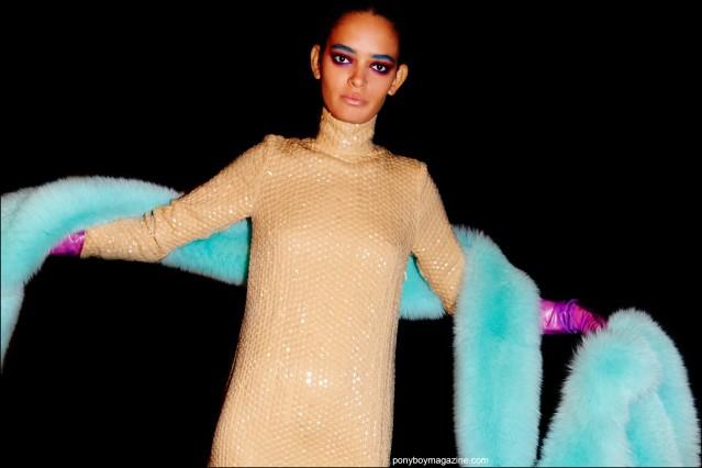 A sequined gown with mint fur stole, photographed backstage at Georgine Spring/Summer 2016 womenswear collection. Photographed by Alexander Thompson for Ponyboy magazine.