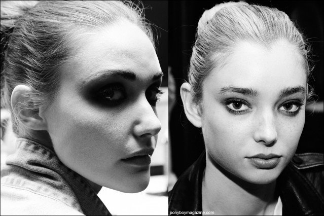 Black and white photographs of models backstage in hair and makeup. Photographed at the Georgine Spring/Summer 2106 collection by Alexander Thompson for Ponyboy magazine.