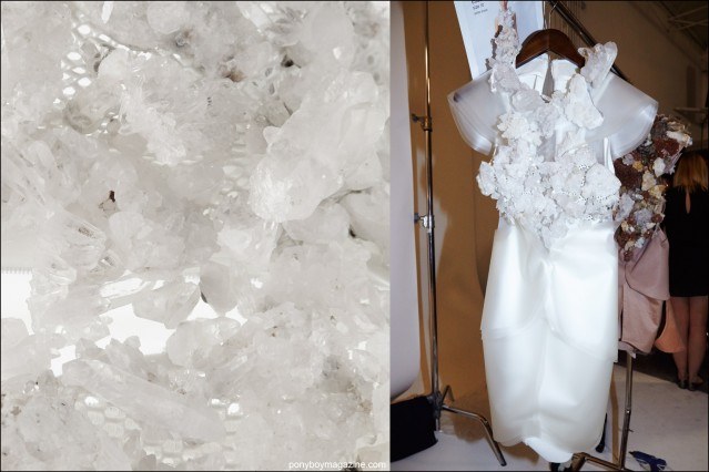 Photographs of a crystal encrusted bodice on a dress designed by threeASFOUR, backstage for Spring/Summer 2016. Photography by Alexander Thompson for Ponyboy magazine.