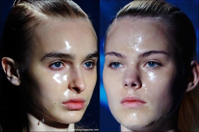 Latex makeup photographed on female models on the runway at the threeASFOUR S/S16 show. Photographs by Alexander Thompson for Ponyboy magazine.