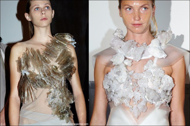 Close-up photographs of models crystal encrusted dresses, backstage at threeASFOUR S/S16. Photographed for Ponyboy magazine by Alexander Thompson.
