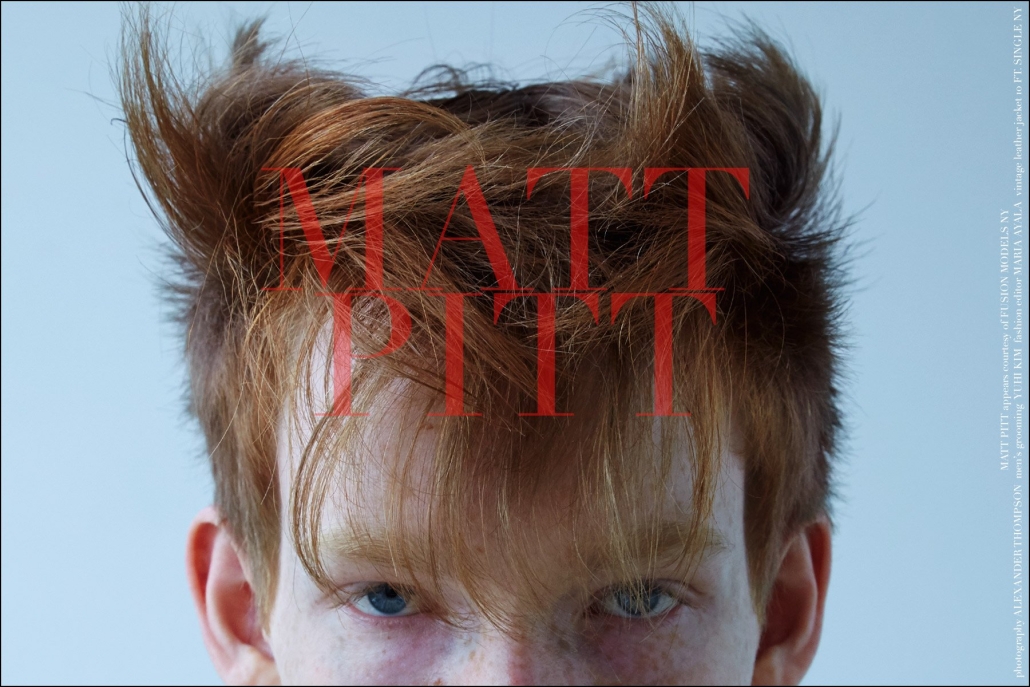 Fusion model Matt Pitt, photographed by Alexander Thompson, with men's grooming by Yuhi Kim, for Ponyboy magazine.