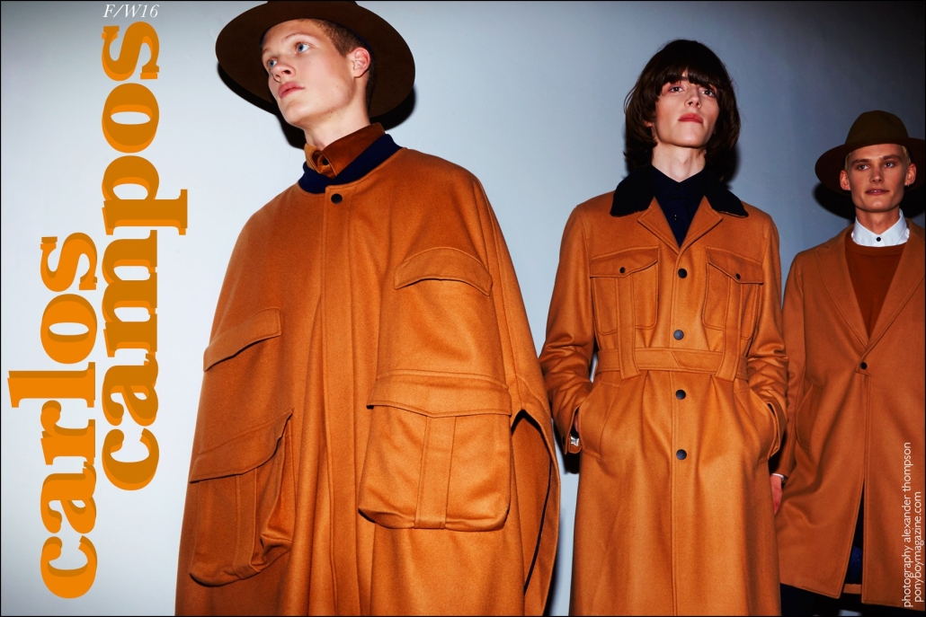 Models Dillon Westbrock, Harry Curran and Kye Darcy photographed before walking the runway for Carlos Campos F/W16 menswear show. Photography by Alexander Thompson for Ponyboy magazine.