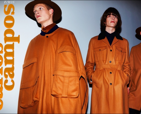 Models Dillon Westbrock, Harry Curran and Kye Darcy photographed before walking the runway for Carlos Campos F/W16 menswear show. Photography by Alexander Thompson for Ponyboy magazine.