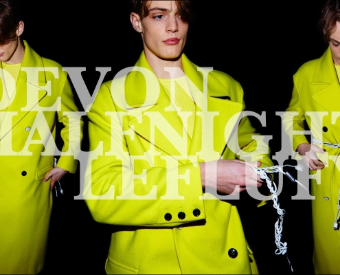 Model Charlie James photographed backstage at the Devon Halfnight Leflufy Fall/Winter 2016 menswear show. Photography for Ponyboy magazine by Alexander Thompson.