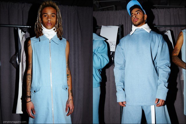 Baby-blue menswear designs, photographed backstage at Gypsy Sport F/W16. Photography by Alexander Thompson for Ponyboy magazine.
