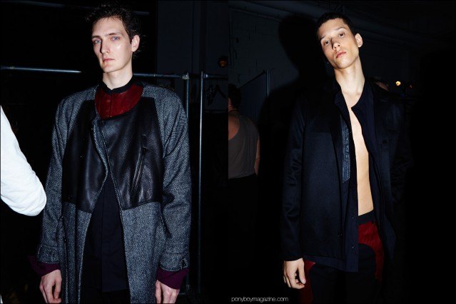 Male models Yannick Abrath and Abiah Hostvedt photographed backstage at Siki Im + Den Im F/W16 menswear show. Photography by Alexander Thompson for Ponyboy magazine.