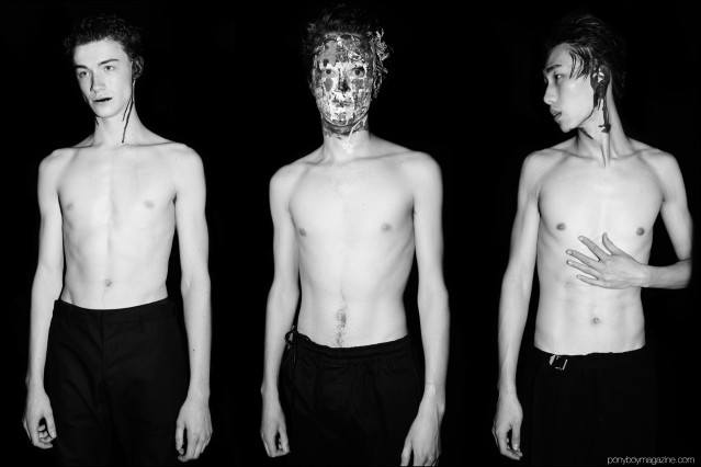 Three male models backstage at Siki Im + Den Im F/W16 menswear show. Photography by Alexander Thompson for Ponyboy magazine.