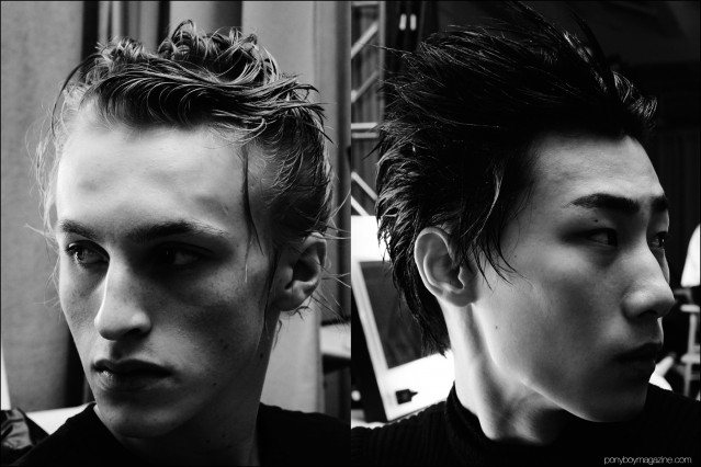 Male models wearing 80s spiky hairstyles, photographed backstage at the Siki Im + Den Im F/W16 menswear show. Photographed for Ponyboy magazine by Alexander Thompson.
