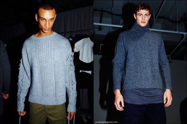Male models snapped backstage in sweaters from Stampd F/W16 menswear show. Photography by Alexander Thompson for Ponyboy magazine.