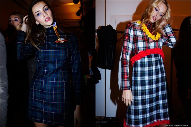 Models in plaid dresses, photographed backstage at the Anna K F/W16 womenswear show. Photography by Alexander Thompson for Ponyboy magazine.
