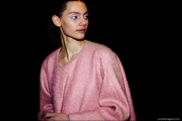 A pastel swing coat, photographed backstage at Milly F/W16 womenswear show. Photography by Alexander Thompson for Ponyboy magazine.