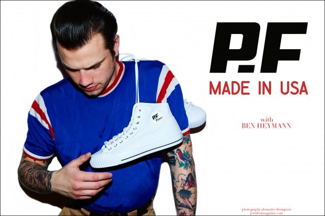 Rockabilly drummer Ben Heymann photographed in PF Flyers Made in USA line by Alexander Thompson for Ponyboy magazine.
