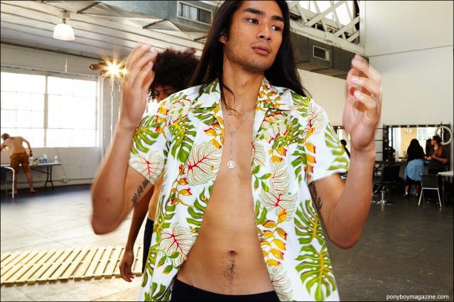 A Hawaiian shirt photographed on Major model Alexander Dominquez, backstage at David Hart S/S17 menswear show. Photography by Alexander Thompson for Ponyboy magazine.