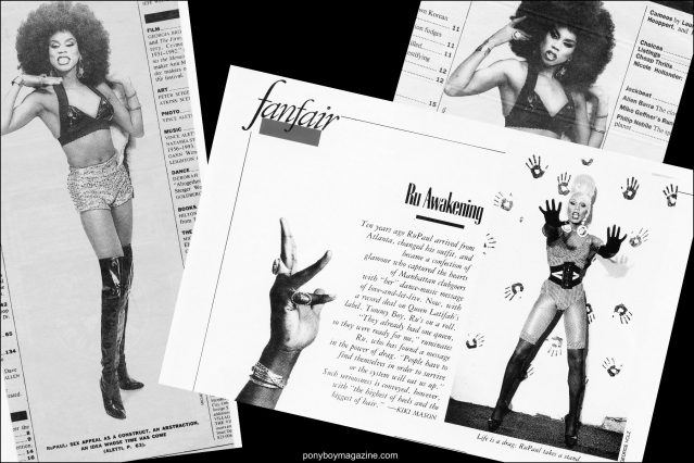 Drag sensation RuPaul featured in Vanity Fair and The Village Voice, wearing Maria Ayala jewelry. Ponyboy magazine.
