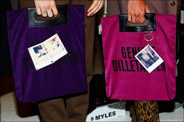 Close-up shot of record style bags, photographed backstage at Robert Geller Spring/Summer 2017 menswear show. Photography by Alexander Thompson for Ponyboy magazine.