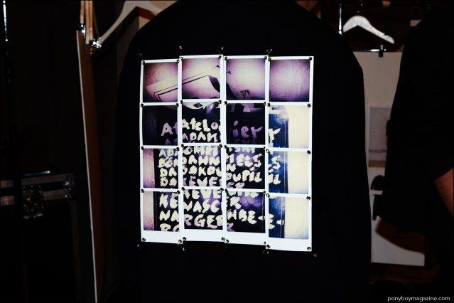 Polaroids on the backside of a men's jacket, photographed backstage at Robert Geller Spring/Summer 2017 menswear show. Photography by Alexander Thompson for Ponyboy magazine.