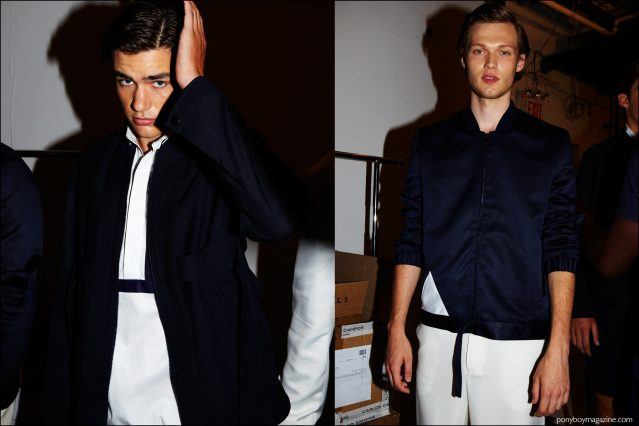 Models in Navy and white clothing, photographed backstage at Carlos Campos Spring/Summer 2017 menswear show. Photography by Alexander Thompson for Ponyboy magazine.