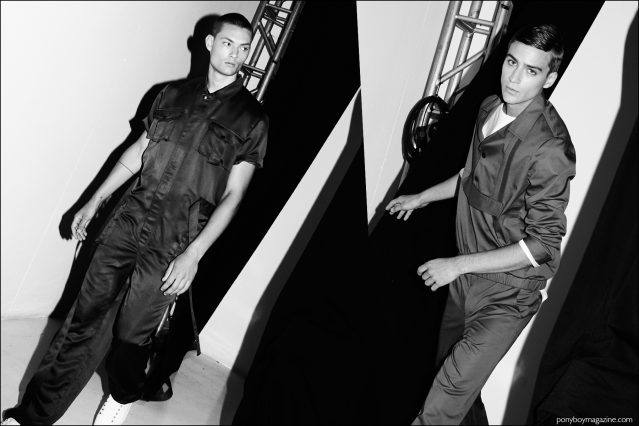 Models William Los and Samuel Roberts photographed backstage at Carlos Campos Spring/Summer 2017 menswear show. Photography by Alexander Thompson for Ponyboy magazine.