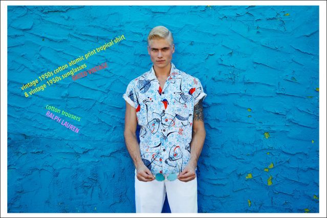 Model Jake Filling poses in a vintage 1950s Hawaiian shirt from Dated Vintage, photographed by Alexander Thompson for Ponyboy magazine.