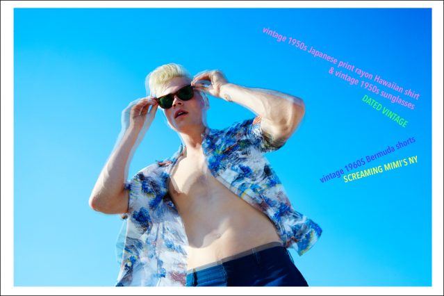 Male model Jake Filling featured in a Ponyboy magazine vintage Hawaiian shirt editorial. Photography by Alexander Thompson, photographed in the Rockaways, Queens New York.
