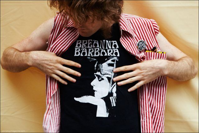 Mystery Lights frontman Mike Brandon shows off his Breanna Barbara t-shirt. Photographed by Alexander Thompson for Ponyboy magazine.