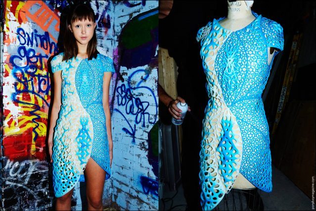 A 3-d print dress photographed backstage at the threeASFOUR Spring 2017 show. Photography by Alexander Thompson for Ponyboy magazine.
