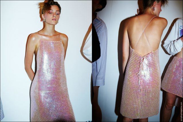 A model in a pink plastic disc dress by New York City designer Adam Selman for Spring/Summer 2017. Photography by Alexander Thompson for Ponyboy magazine.