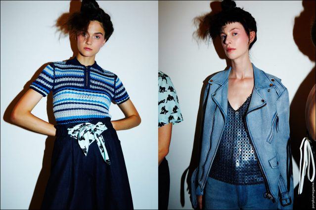 Models in blue designs, backstage at the Adam Selman Spring/Summer 2017 show in New York City. Photography by Alexander Thompson for Ponyboy magazine.