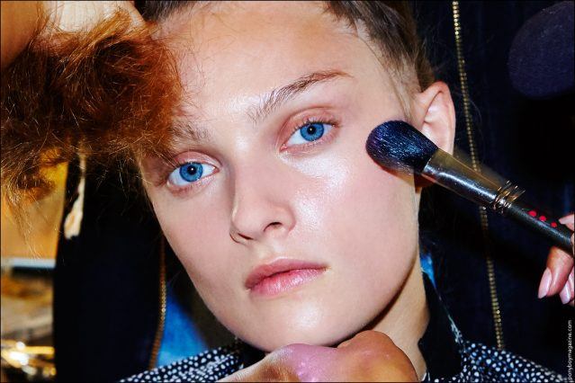 Beauty shot of a model backstage in makeup at the Adam Selman Spring/Summer 2017 show. Photographed by Alexander Thompson for Ponyboy magazine New York.
