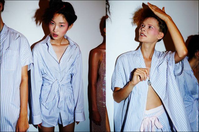 Models wear pajama/dress shirt designs backstage at the Adam Selman show for Spring/Summer 2017. Photography by Alexander Thompson for Ponyboy magazine.