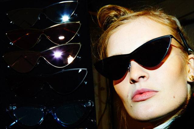 Adam Selman x Le Specs cat eye sunglasses for Fall 2017. Photographed backstage by Alexander Thompson for Ponyboy magazine.