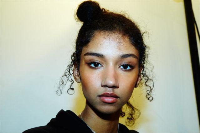 Model Aiden Curtiss snapped backstage in hair/makeup at Adam Selman Fall 2017. Photographed by Alexander Thompson for Ponyboy magazine NY.