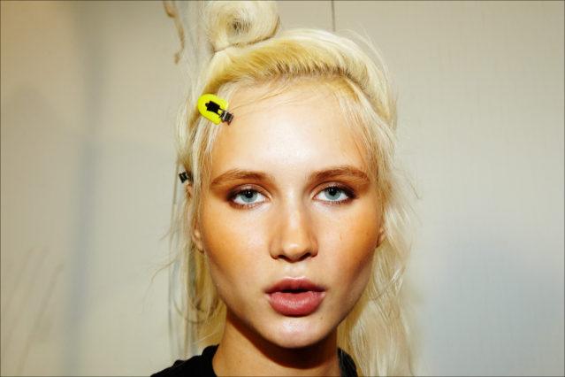 Model Milena Garbo photographed backstage in hair/makeup at the Adam Selman Fall 2017 womenswear show. Photography by Alexander Thompson for Ponyboy magazine.