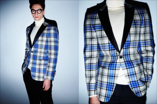 A tartan tuxedo jacket on model Stefan Radojkovic, photographed at the David Hart Fall/Winter 2017 menswear show. Photography by Alexander Thompson for Ponyboy magazine.