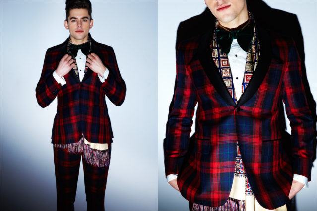 A red tartan tuxedo photographed backstage at David Hart F/W17 show. Photography by Alexander Thompson for Ponyboy magazine.