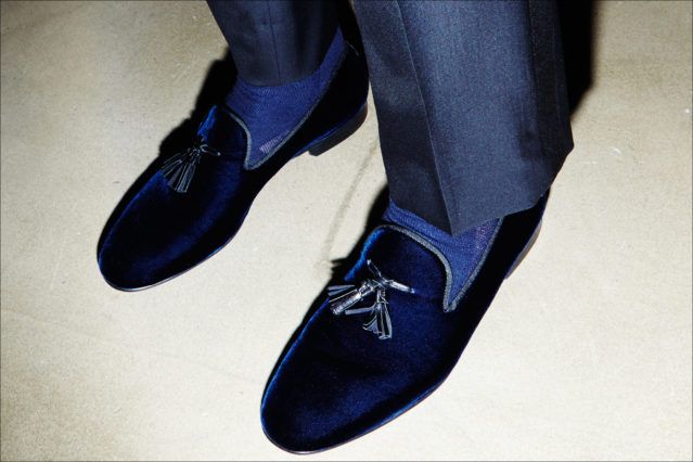 Blue tassel loafers from Johnson & Murphy, photographed backstage at the David Hart Fall/Winter 2017 menswear show. Photography by Alexander Thompson for Ponyboy magazine.