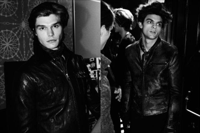 Male models Jesse Gwin & Daniel McSweeney photographed in leather jackets, backstage at the John Varvatos Fall/Winter 2017 menswear show. Photography by Alexander Thompson for Ponyboy magazine.