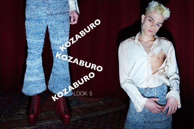 Model Joel Mignott wears a distressed shirt with bell bottom trousers at the Kozaburo menswear show for Fall 2017. Photography by Alexander Thompson for Ponyboy magazine.