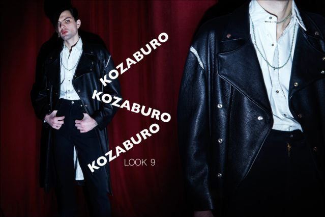 A male model wears a long motorcycle jacket from the Kozaburo Fall 2017 collection. Photographed by Alexander Thompson for Ponyboy magazine New York.