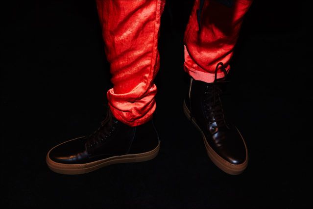 Shoes and trousers photographed backstage at Robert Geller Autumn/Winter 2017 menswear show. Photography by Alexander Thompson for Ponyboy magazine NY.