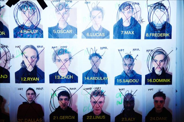 Model image board backstage at Robert Geller Autumn/Winter 2017 menswear show. Photography by Alexander Thompson for Ponyboy magazine.