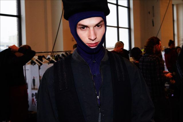 Male model Zach Troost photographed backstage at the Robert Geller Autumn/Winter 2017 menswear show. Photography by Alexander Thompson for Ponyboy magazine NY.