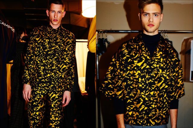 Jannik Scharmweber photographed backstage in patterned look from menswear designer Carlos Campos F/W17. Photography by Alexander Thompson for Ponyboy magazine.