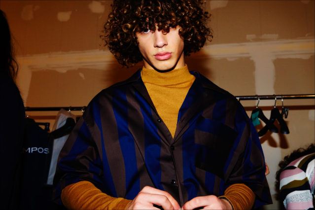 Model Barak Shamir photographed backstage at Carlos Campos F/W17 menswear show. Photographed by Alexander Thompson for Ponyboy magazine.