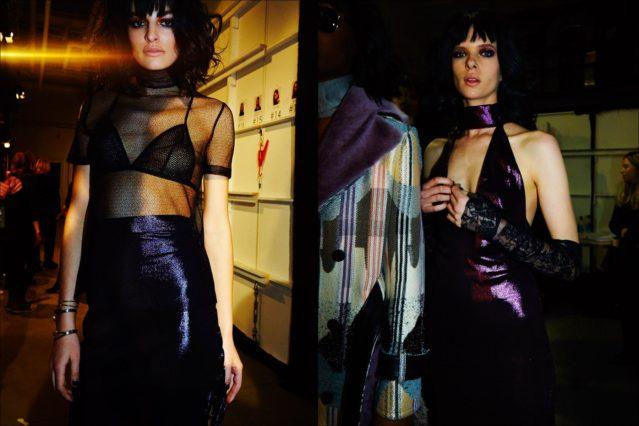 Model Alyona Subbotina in a purple metallic dress at Georgine Fall/Winter 2017 womenswear show. Photographed by Alexander Thompson for Ponyboy magazine.