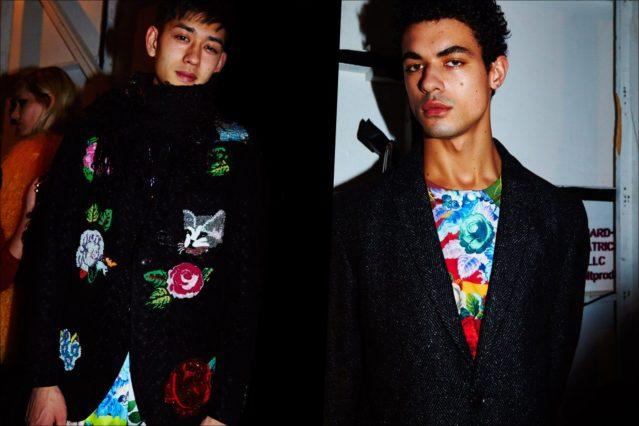 Male models Keisuke Asano & Malik Alain snapped backstage at Libertine Fall/Winter 2017 collection. Photography by Alexander Thompson for Ponyboy magazine.